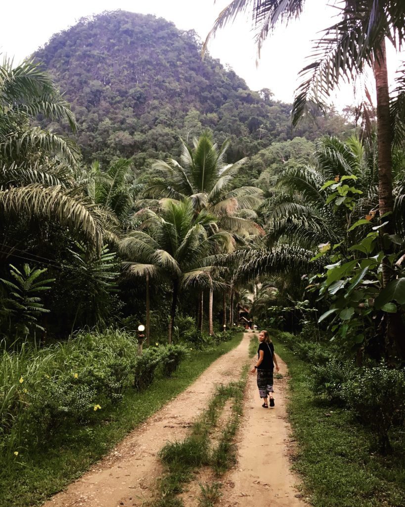 Woman walking down a dirt road through the rainforest by a mountain