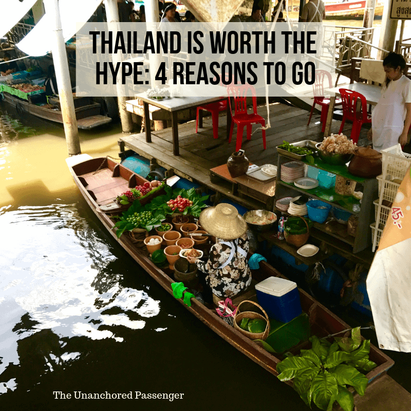 Woman preparing food in a boat at a floating market with text that reads "THAILAND IS WORTH THE HYPE: 4 REASONS TO GO"