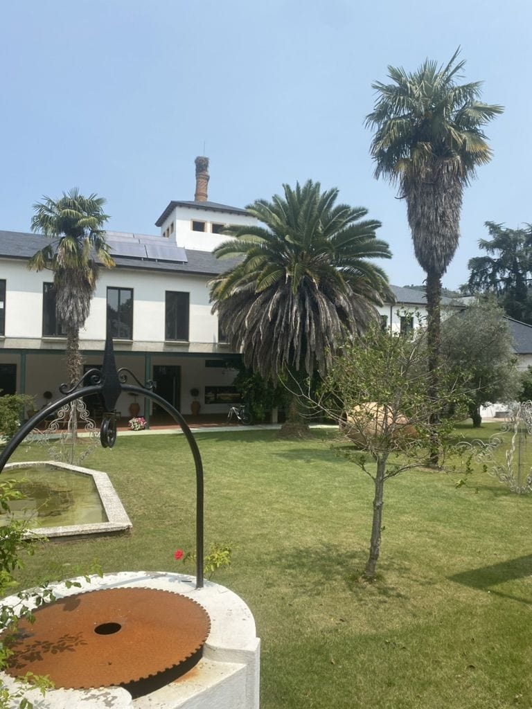 Outside of an albergue with palm trees in Villafranca del Bierzo