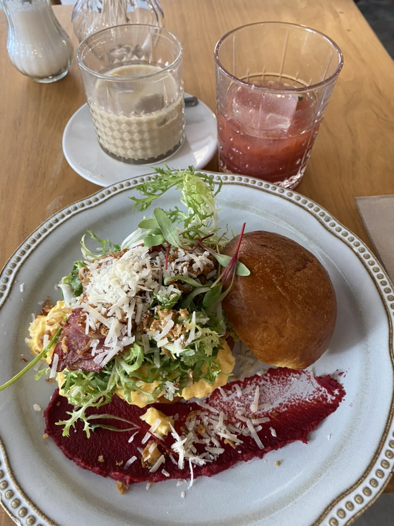 Breakfast sandwhich, coffee, and flavored lemonade at Miolo in Lisbon, Portugal