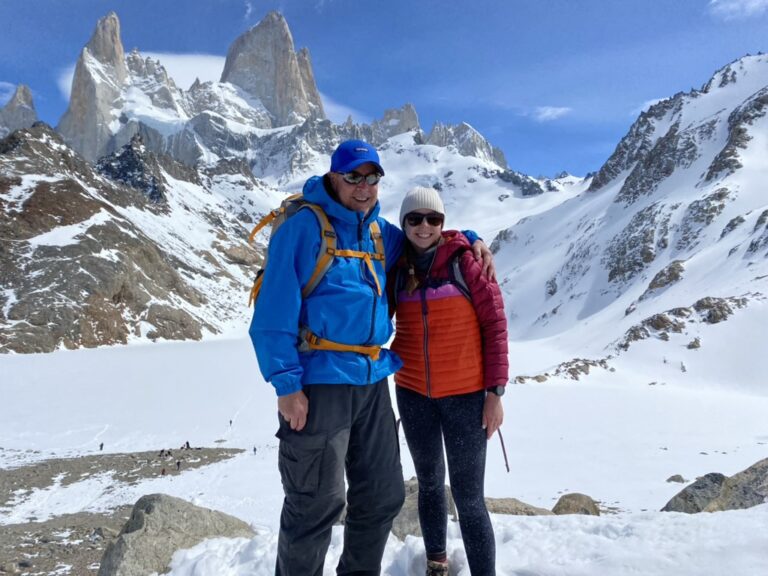 Father and daughter hiking at Mount Fitz Roy in Patagonia, Argentina