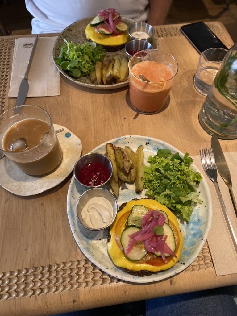 Two vegan burgers at My Mother's Daughters vegan restaurant in Lisbon, Portugal