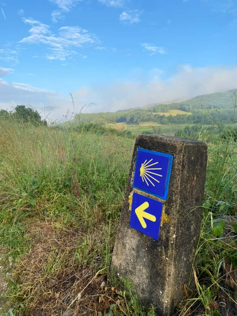 Camino de Santiago path marker pointing the way with fields and mountains behind