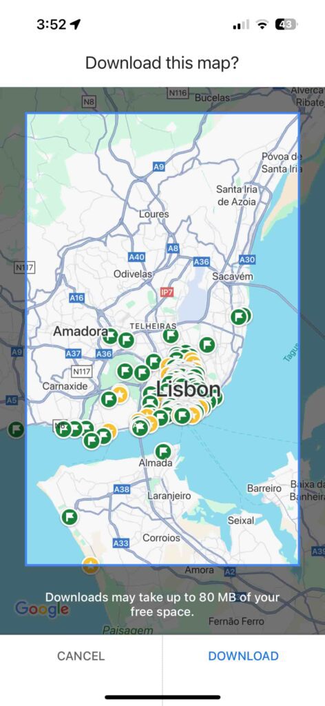 Google Maps screenshot of Lisbon showing marked places and asking to download the map