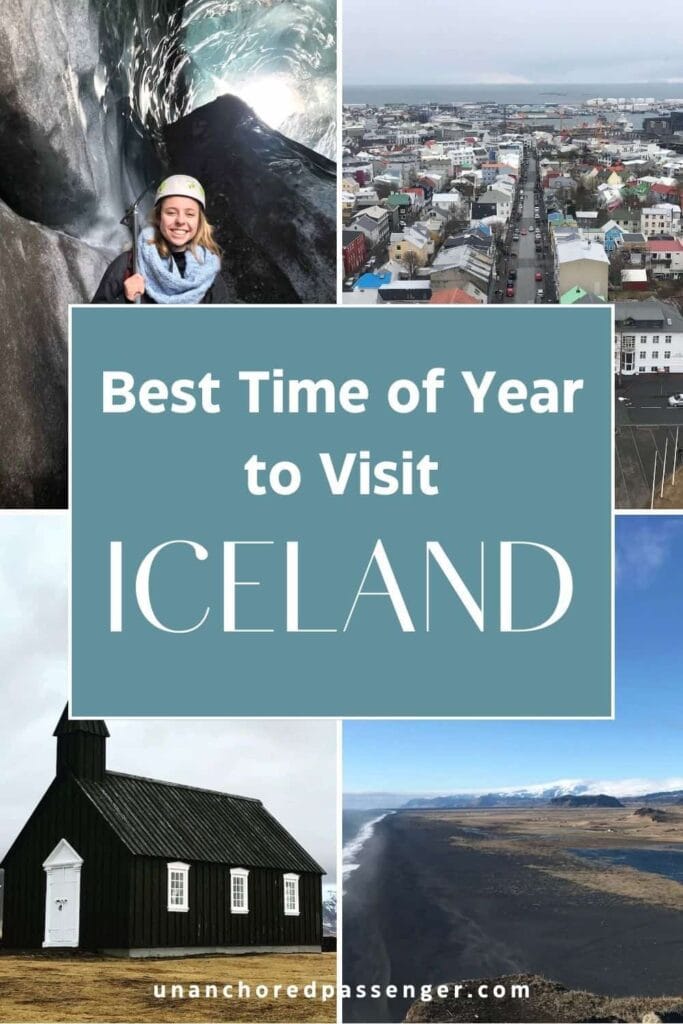 Collage showing a woman smiling in an ice cave, colorful buildings in Reykjavik from above, a black church, and black sand beach in Iceland and text that says, "Best Time of Year to Visit Iceland"