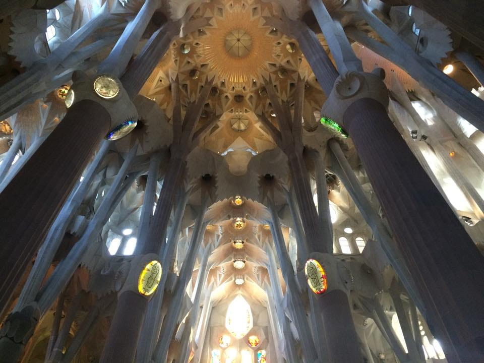 The ceiling inside Sagrada Familia Cathedral in Barcelona, Spain.