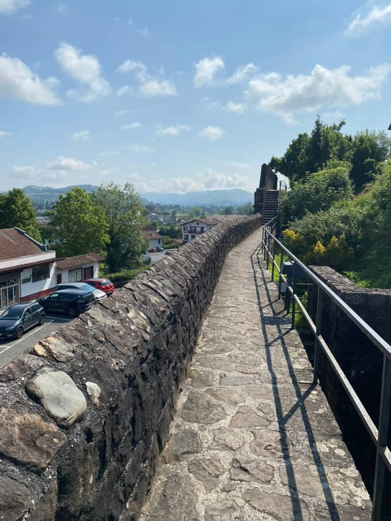 View of mountains in the distance from the old town walls in Saint-Jean-Pied-de-Port, France.